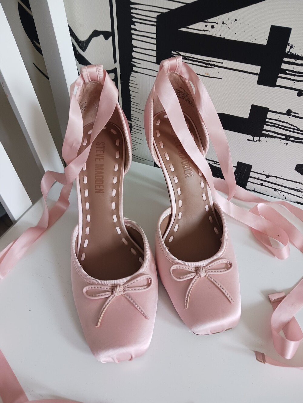 Steve Madden Blush Pink Satin Ankle Tie Ballet Heels Size 7.5 - Picture 2 of 13